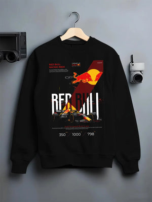 Black crewneck sweatshirt on a hanger against a grey wall, featuring rs racing drift formula motorsport street speed graphic.