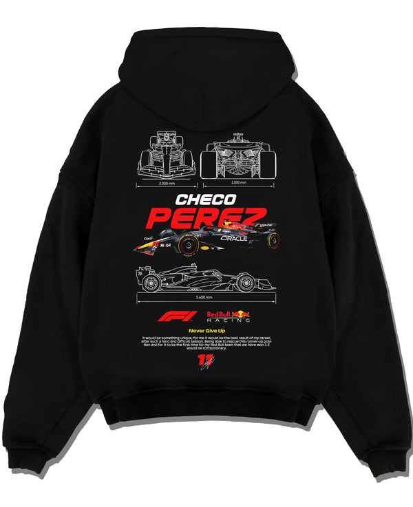 Black pullover hoodie laid flat on a white background, featuring rs racing drift motorsport japanese street performance graphic.