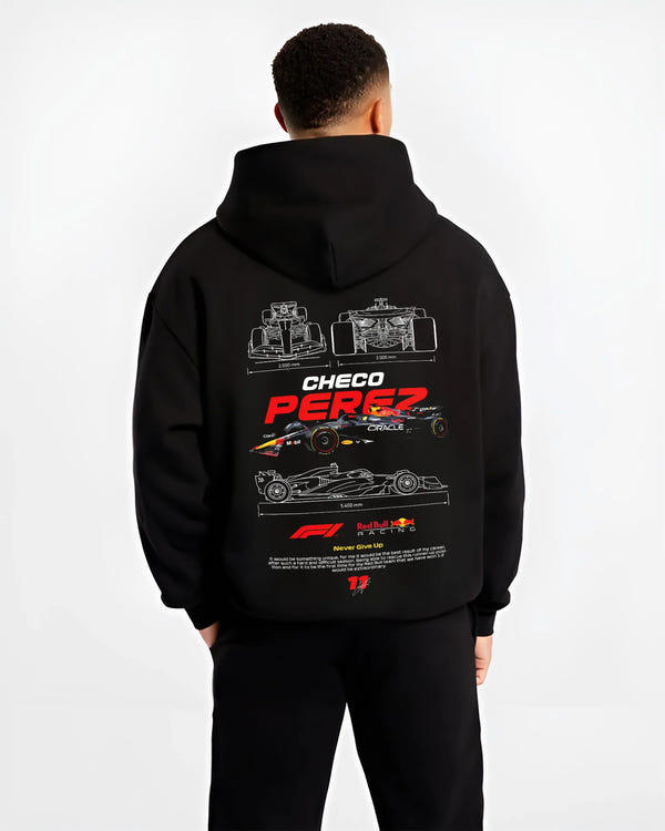 Black hoodie worn by a male model, back view, featuring rs racing drift motorsport japanese street performance automotive graphic.