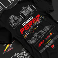 Black T-shirt laid flat with natural fabric folds, featuring rs racing drift motorsport japanese street performance graphic.