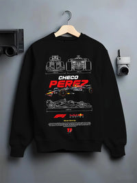 Black crewneck sweatshirt on a hanger against a grey wall, featuring rs racing drift motorsport japanese street performance graphic.