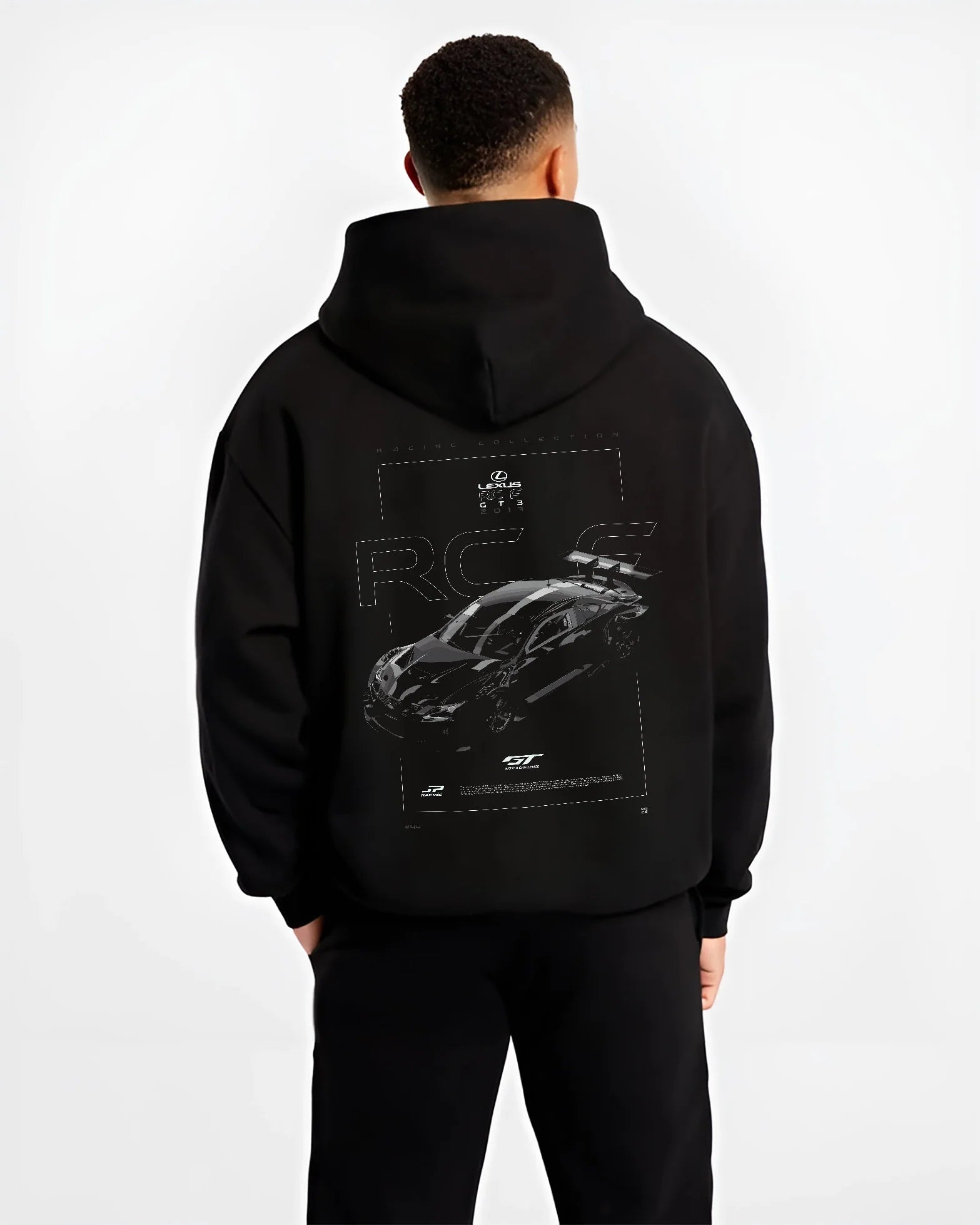 Black hoodie worn by a male model, back view, featuring Lexus RC gt3 rs racing drift tuner street graphic performance.