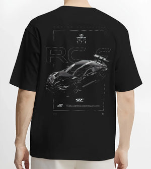 Black T-shirt worn by a male model, back view, featuring Lexus RC gt3 rs racing drift tuner street graphic performance.