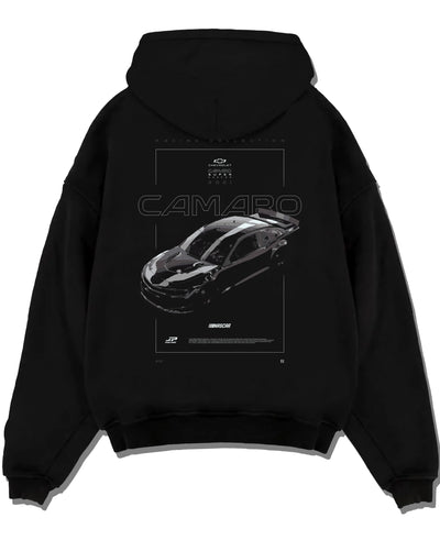 Black pullover hoodie laid flat on a white background, featuring rs racing muscle street retro enthusiast performance graphic.