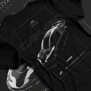 Black T-shirt laid flat with natural fabric folds, featuring rs racing muscle street retro enthusiast performance graphic.