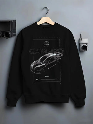 Black crewneck sweatshirt on a hanger against a grey wall, featuring rs racing muscle street retro enthusiast performance graphic.