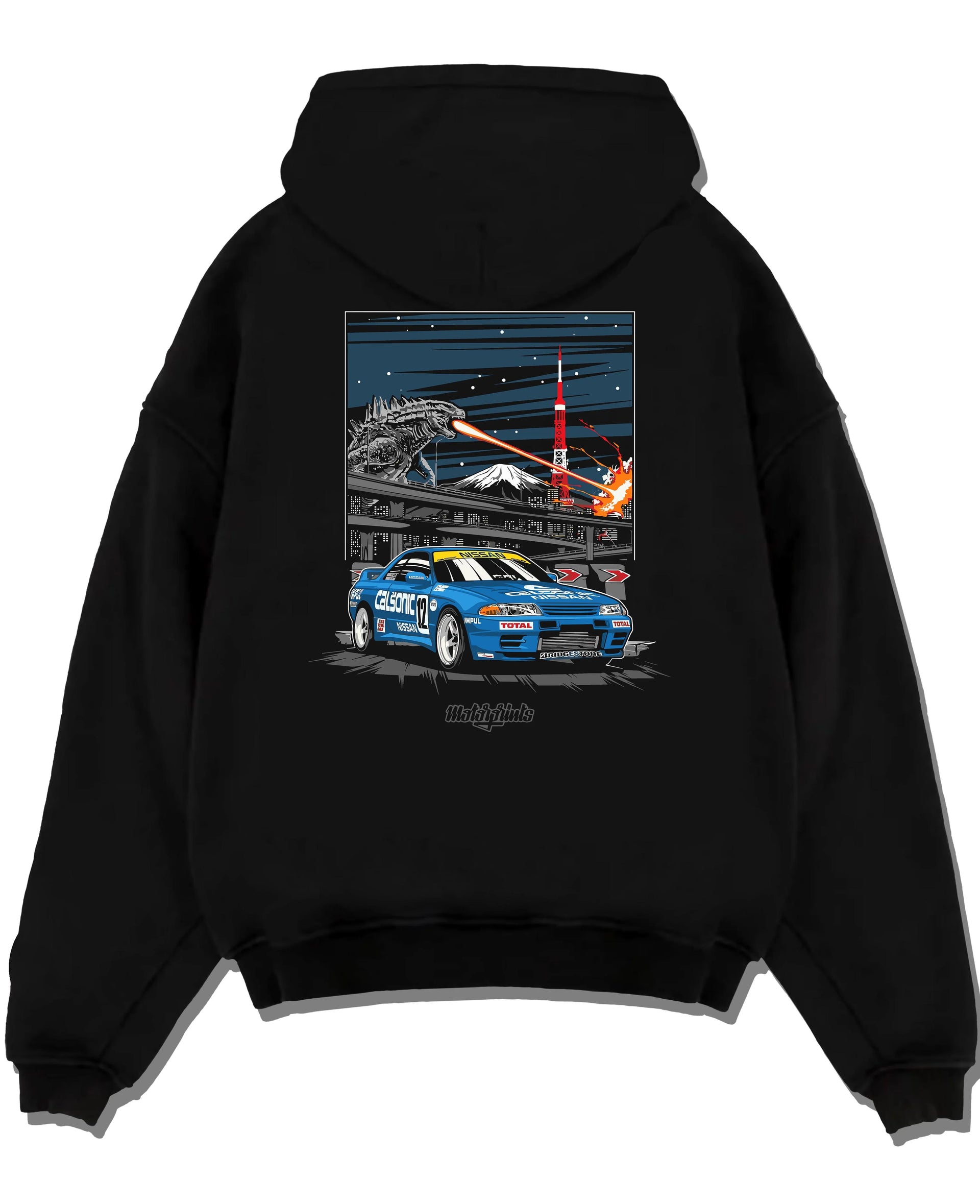Black pullover hoodie laid flat on a white background, featuring rs jdm japanese tuner street retro enthusiast racing graphic.