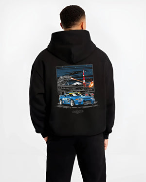 Black hoodie worn by a male model, back view, featuring rs jdm japanese tuner street retro enthusiast racing graphic.