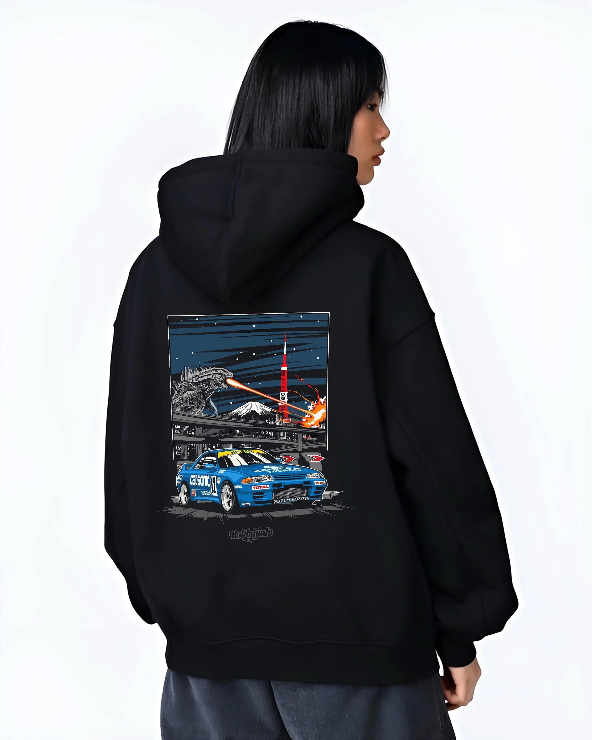 Black hoodie worn by a female model, back view, featuring rs jdm japanese tuner street retro enthusiast racing graphic.