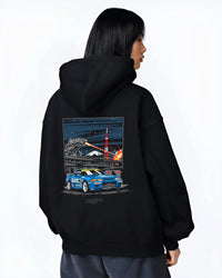 Black hoodie worn by a female model, back view, featuring rs jdm japanese tuner street retro enthusiast racing graphic.