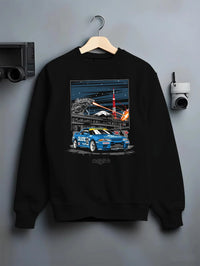 Black crewneck sweatshirt on a hanger against a grey wall, featuring rs jdm japanese tuner street retro enthusiast racing graphic.