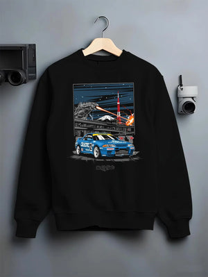 Black crewneck sweatshirt on a hanger against a grey wall, featuring rs jdm japanese tuner street retro enthusiast racing graphic.