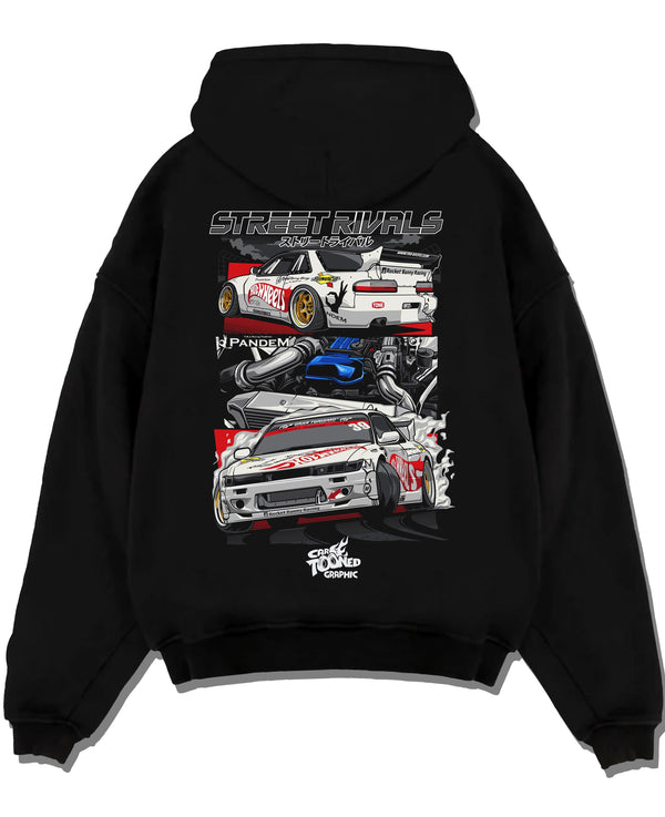 Black pullover hoodie laid flat on a white background, featuring Nissan Silvia S13 silvia ls drift street legend racing graphic.