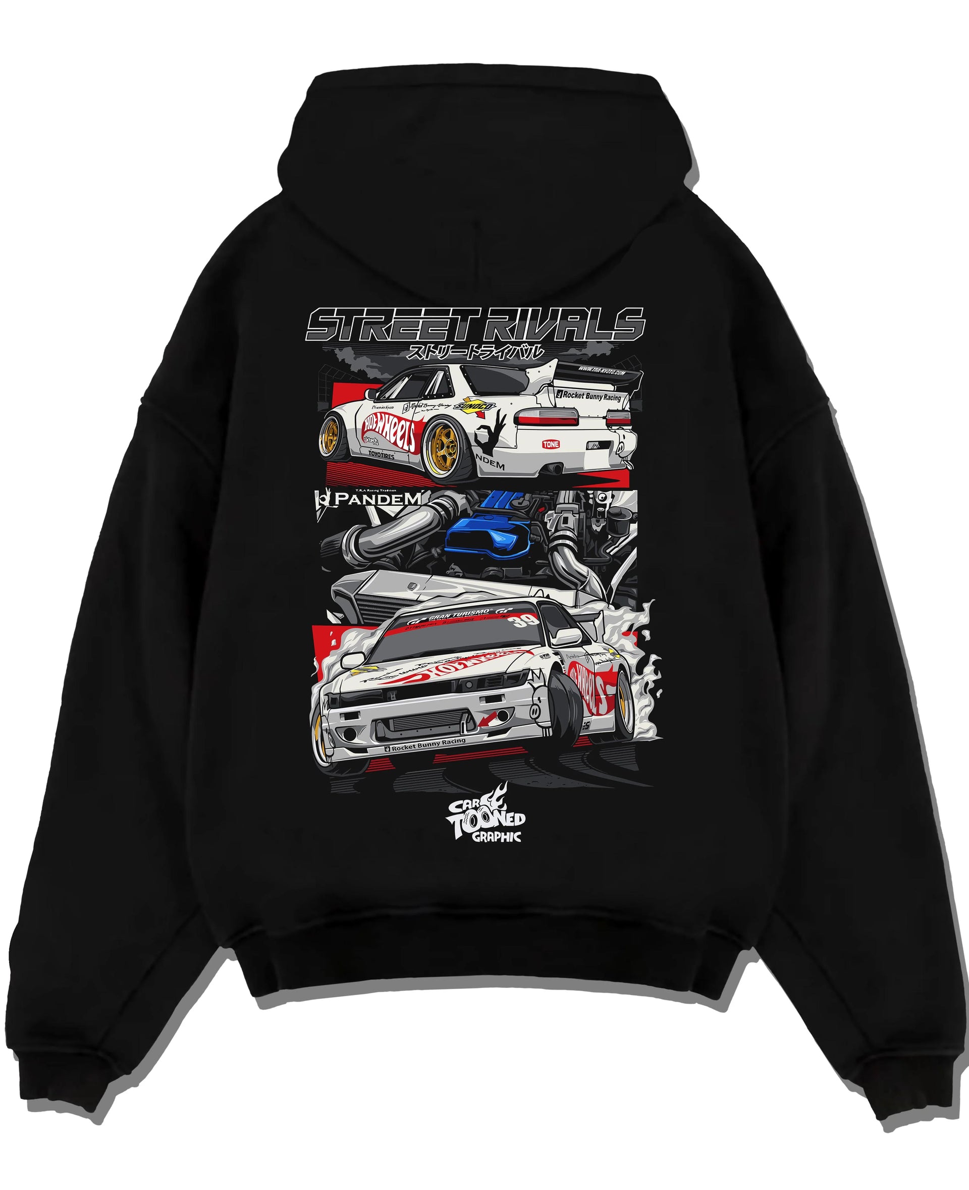 Black pullover hoodie laid flat on a white background, featuring Nissan Silvia S13 silvia ls drift street legend racing graphic.