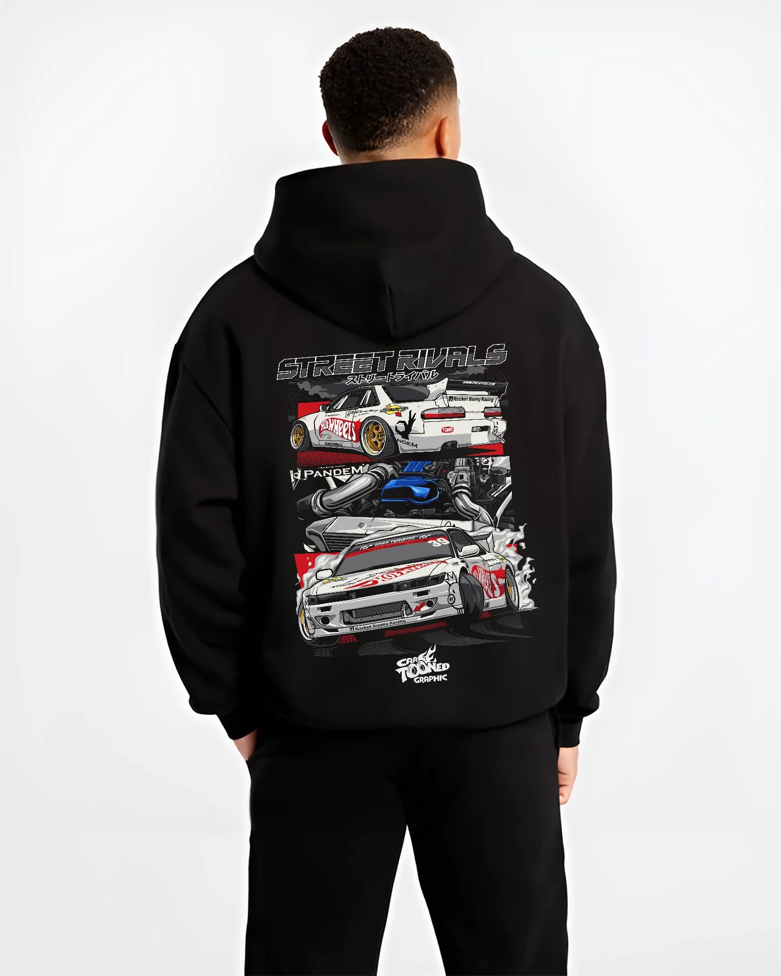 Black hoodie worn by a male model, back view, featuring Nissan Silvia S13 silvia ls drift street legend racing graphic.