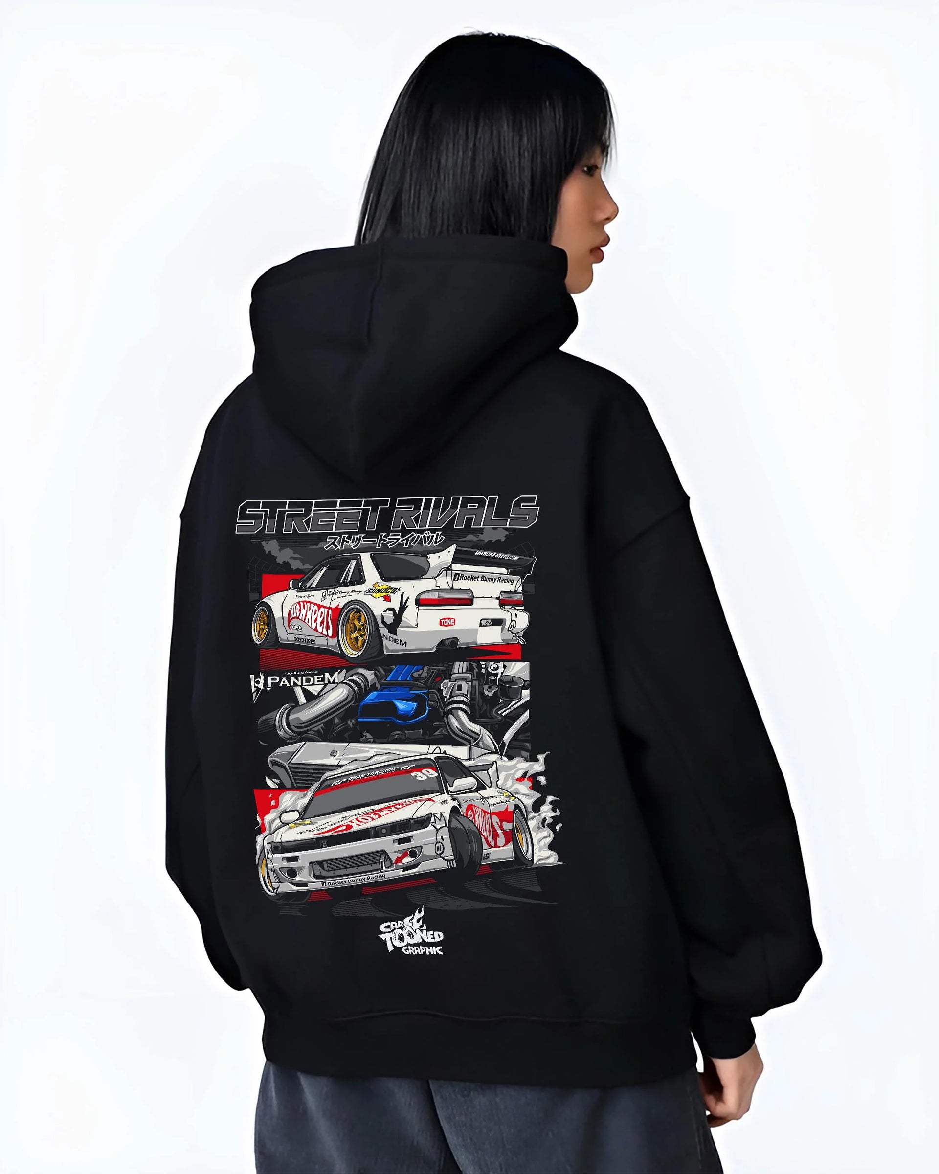 Black hoodie worn by a female model, back view, featuring Nissan Silvia S13 silvia ls drift street legend racing graphic.