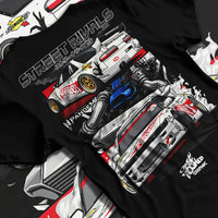 Black T-shirt laid flat with natural fabric folds, featuring Nissan Silvia S13 silvia ls drift street legend racing graphic.