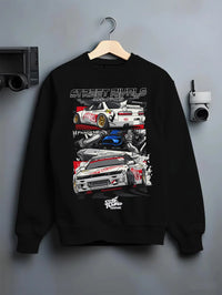 Black crewneck sweatshirt on a hanger against a grey wall, featuring Nissan Silvia S13 silvia ls drift street legend racing graphic.
