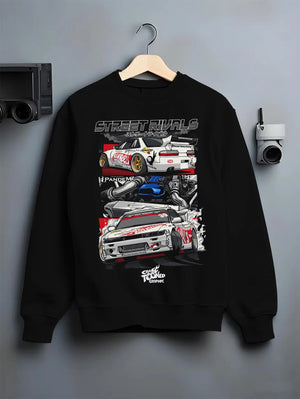 Black crewneck sweatshirt on a hanger against a grey wall, featuring Nissan Silvia S13 silvia ls drift street legend racing graphic.