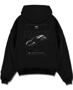 Black pullover hoodie laid flat on a white background, featuring Audi RS6 rs turbo racing motorsport german street graphic.