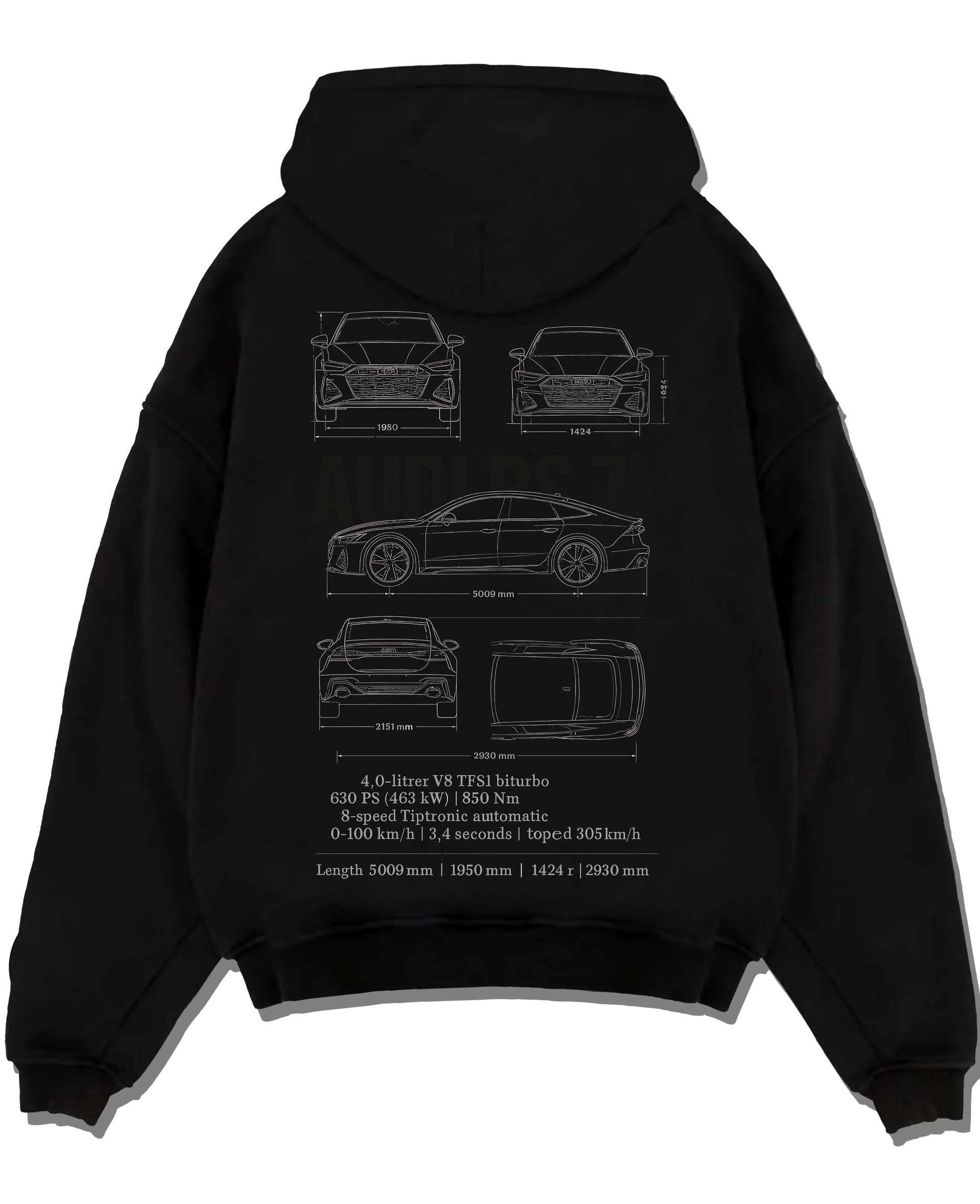 Black pullover hoodie laid flat on a white background, featuring Audi RS7 rs turbo racing german street performance graphic.