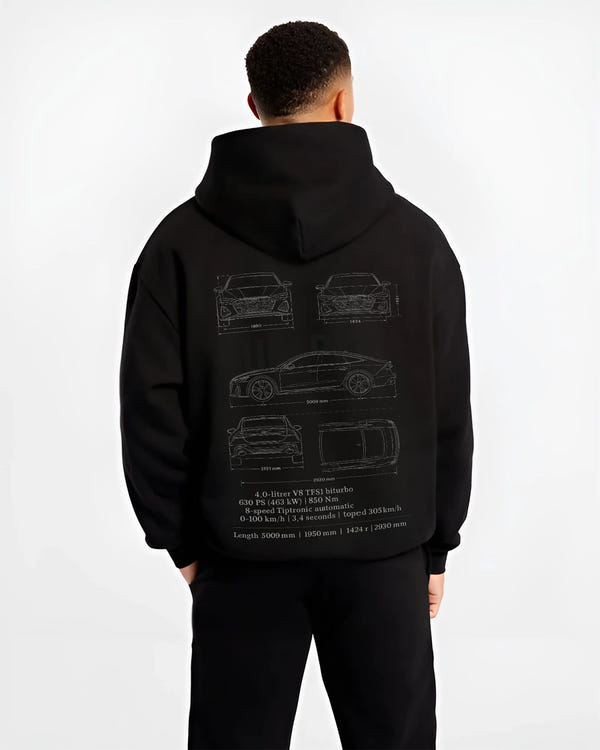 Black hoodie worn by a male model, back view, featuring Audi RS7 rs turbo racing german street performance graphic.