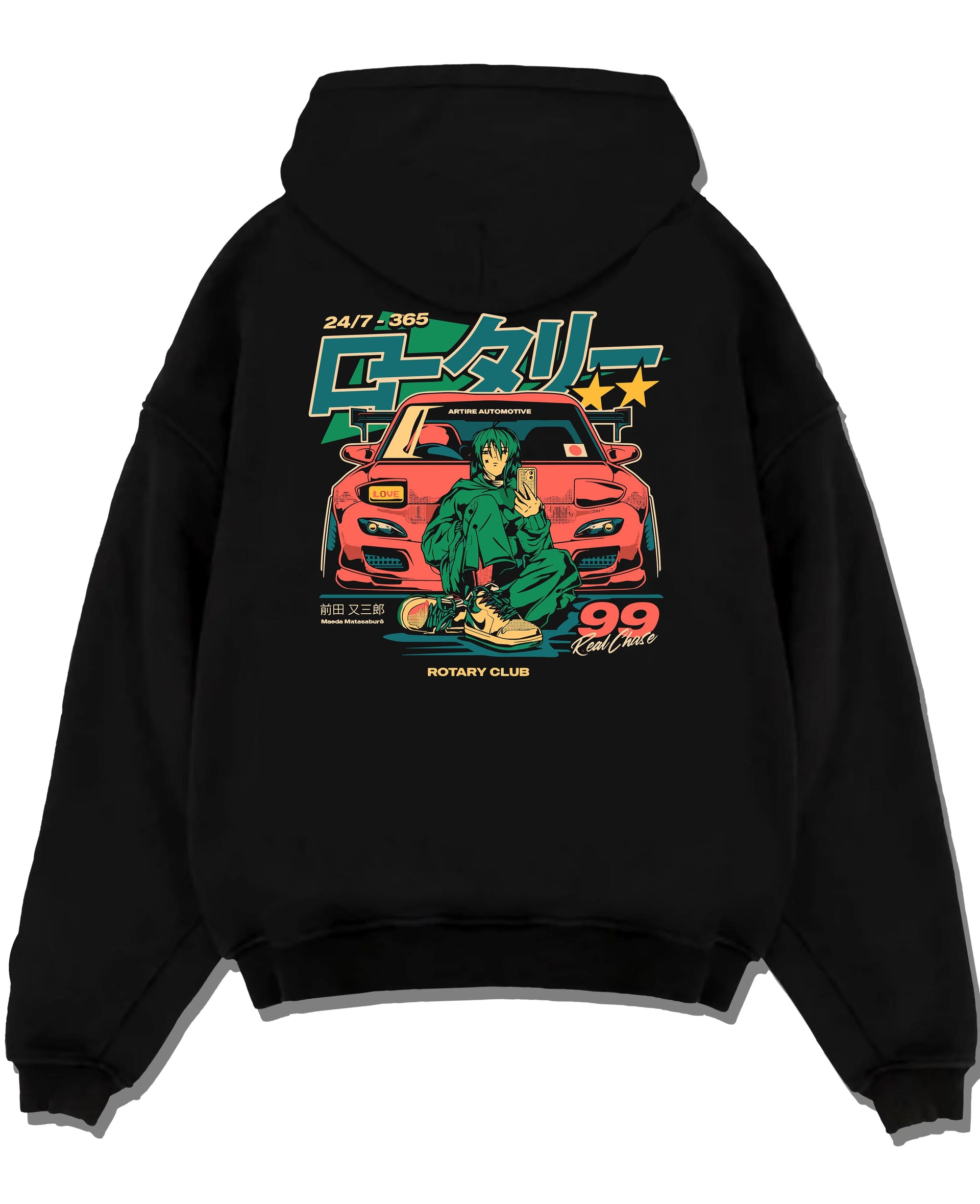 Black pullover hoodie laid flat on a white background, featuring MAZDA RX7 racing drift japanese tuner street performance graphic.