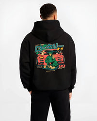 Black hoodie worn by a male model, back view, featuring MAZDA RX7 racing drift japanese tuner street performance graphic.
