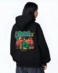 Black hoodie worn by a female model, back view, featuring MAZDA RX7 racing drift japanese tuner street performance graphic.
