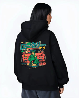 Black hoodie worn by a female model, back view, featuring MAZDA RX7 racing drift japanese tuner street performance graphic.
