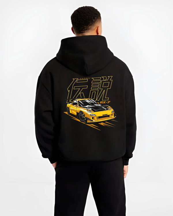 Black hoodie worn by a male model, back view, featuring Mazda RX-7 rx7 racing drift japanese tuner stance street legend graphic.