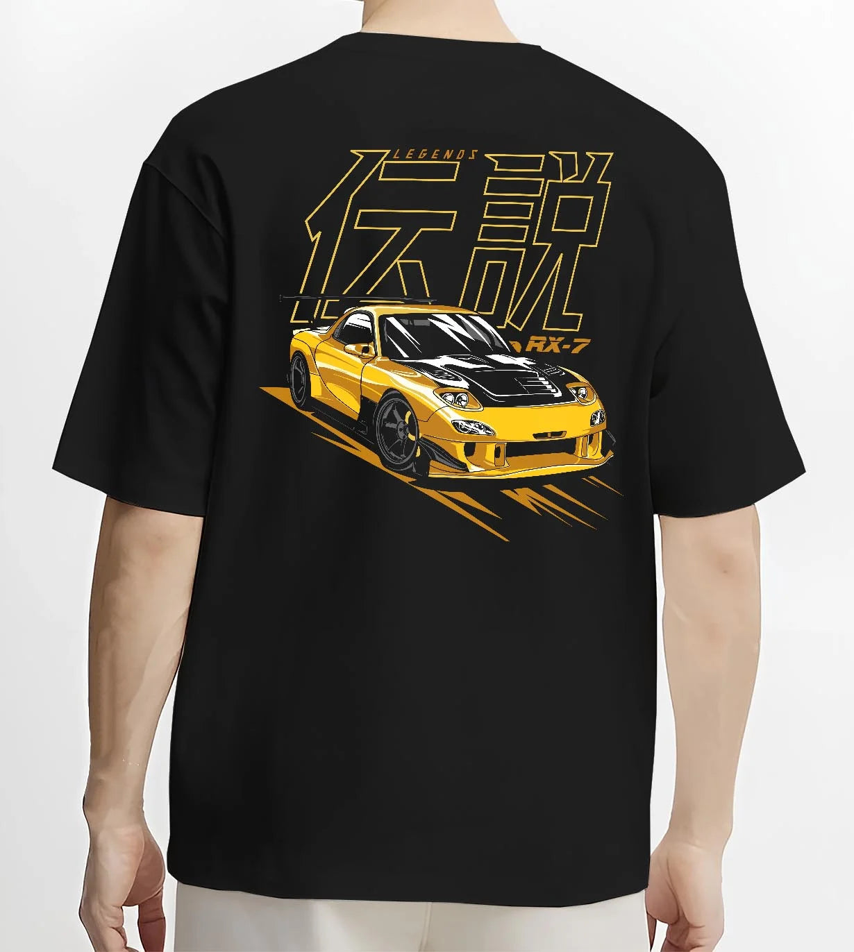 Black T-shirt worn by a male model, back view, featuring Mazda RX-7 rx7 racing drift japanese tuner stance street legend graphic.