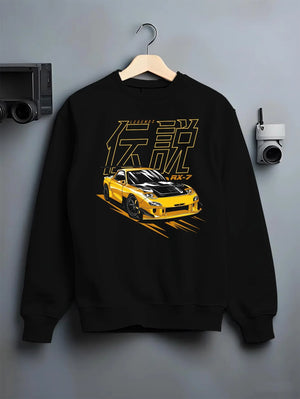 Black crewneck sweatshirt on a hanger against a grey wall, featuring Mazda RX-7 rx7 racing drift japanese tuner stance graphic.