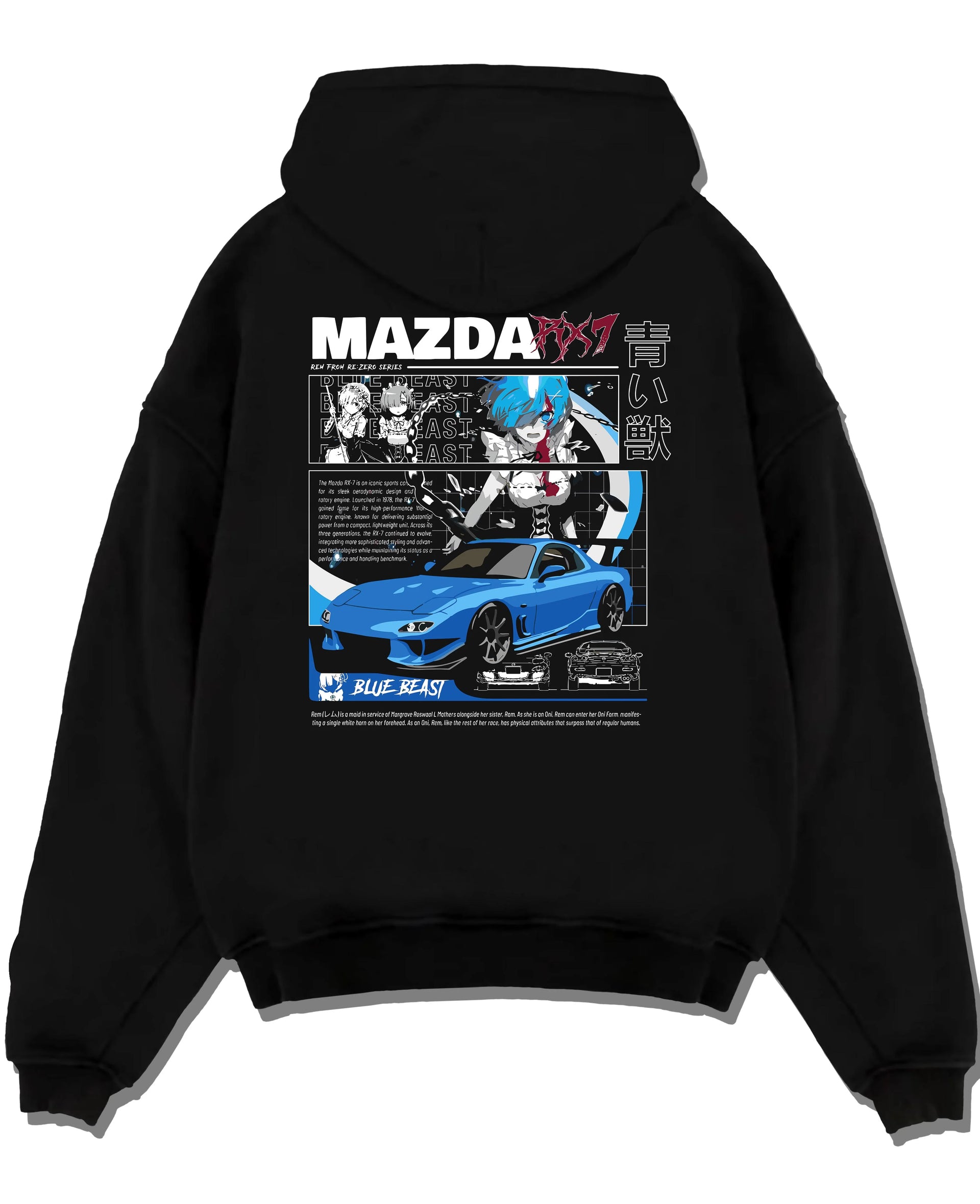 Black pullover hoodie laid flat on a white background, featuring Mazda RX-7 rx7 drift japanese street racing performance graphic.