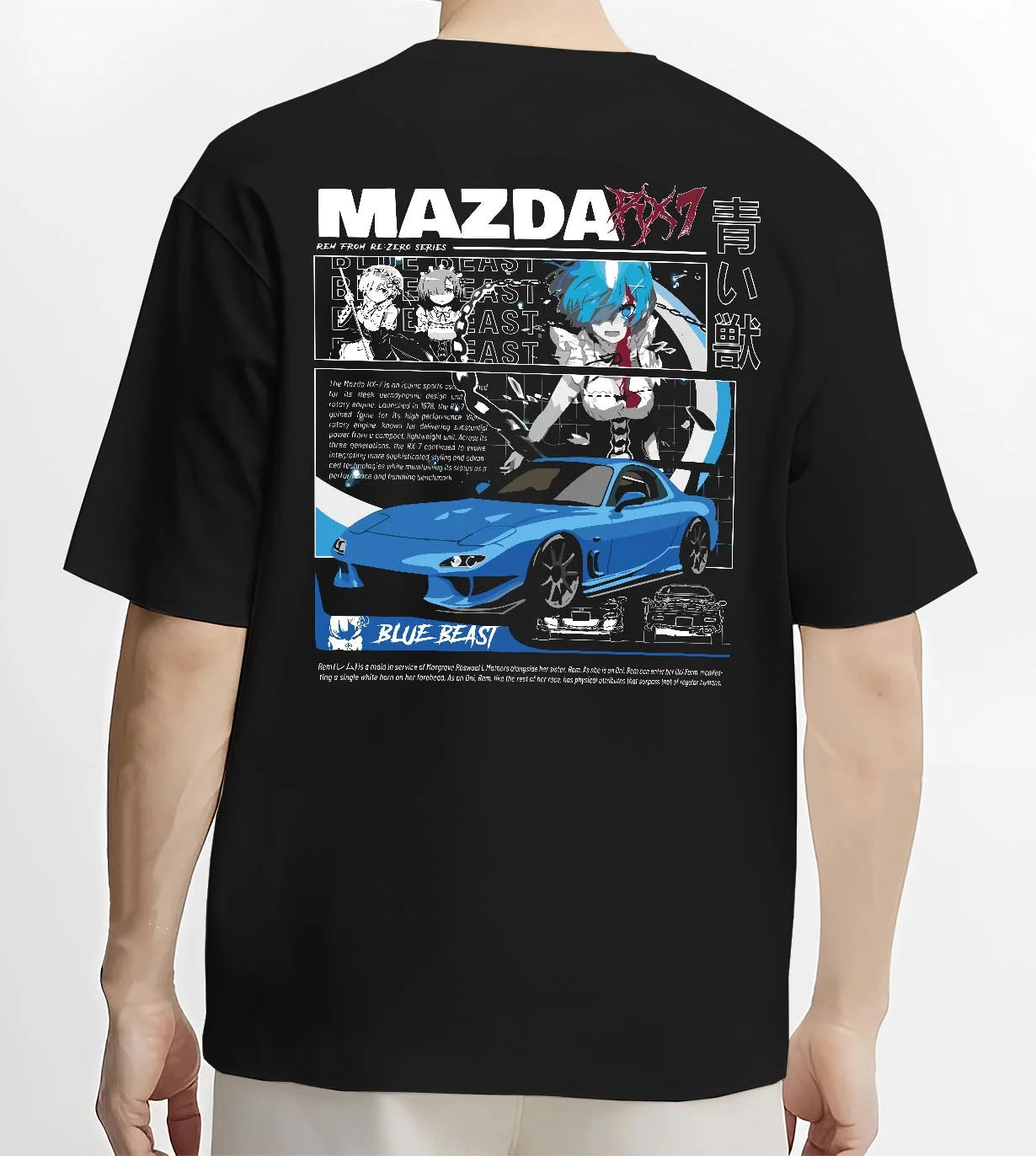 Black T-shirt worn by a male model, back view, featuring Mazda RX-7 rx7 drift japanese street racing performance graphic.