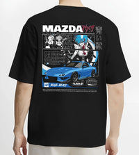 Black T-shirt worn by a male model, back view, featuring Mazda RX-7 rx7 drift japanese street racing performance graphic.