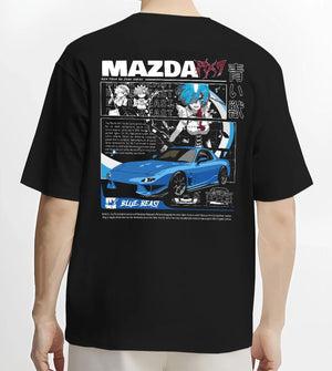 Black T-shirt worn by a male model, back view, featuring Mazda RX-7 rx7 drift japanese street racing performance graphic.