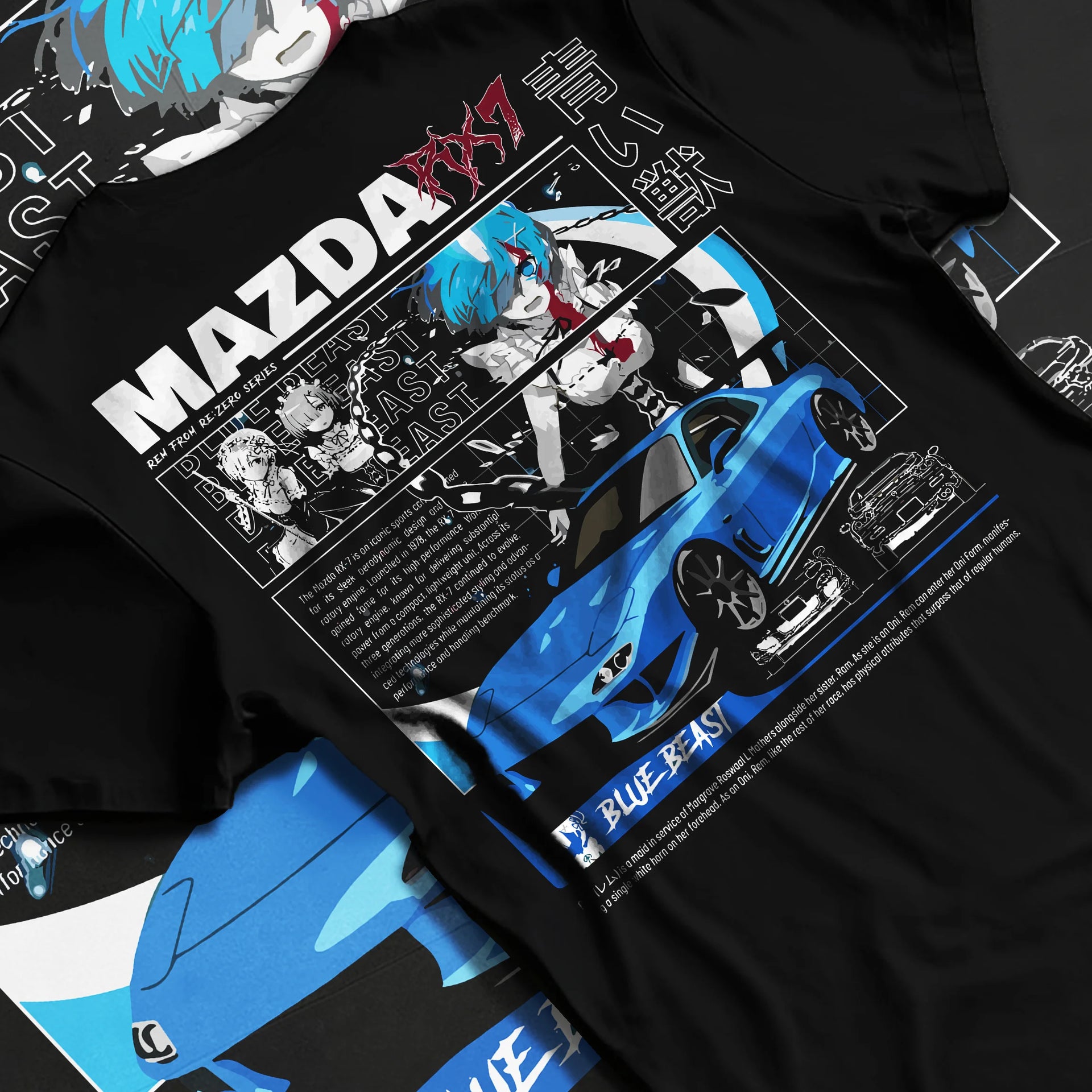 Black T-shirt laid flat with natural fabric folds, featuring Mazda RX-7 rx7 drift japanese street racing performance graphic.