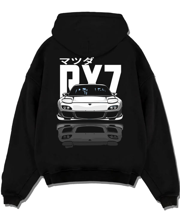 Black pullover hoodie laid flat on a white background, featuring Mazda RX-7 rx7 drift japanese tuner stance street graphic.