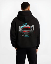 Black hoodie worn by a male model, back view, featuring Nissan Silvia S13 silvia racing drift jdm japanese street graphic.