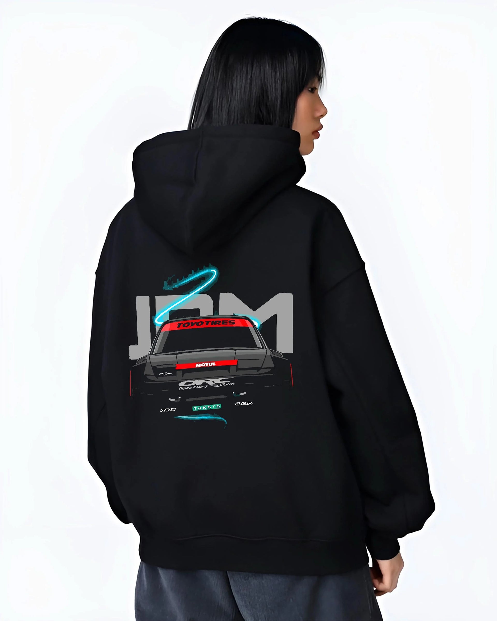 Black hoodie worn by a female model, back view, featuring Nissan Silvia S13 silvia racing drift jdm japanese street graphic.