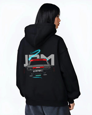 Black hoodie worn by a female model, back view, featuring Nissan Silvia S13 silvia racing drift jdm japanese street graphic.
