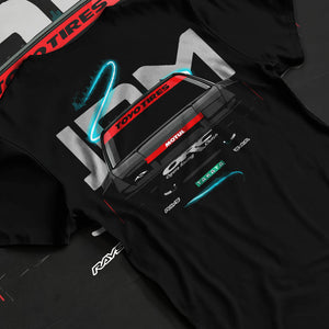 Black T-shirt laid flat with natural fabric folds, featuring Nissan Silvia S13 silvia racing drift jdm japanese street graphic.