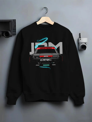 Black crewneck sweatshirt on a hanger against a grey wall, featuring Nissan Silvia S13 silvia racing drift jdm japanese graphic.