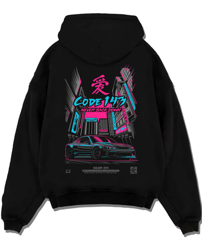 Black pullover hoodie laid flat on a white background, featuring SILVIA racing drift jdm japanese street performance graphic.