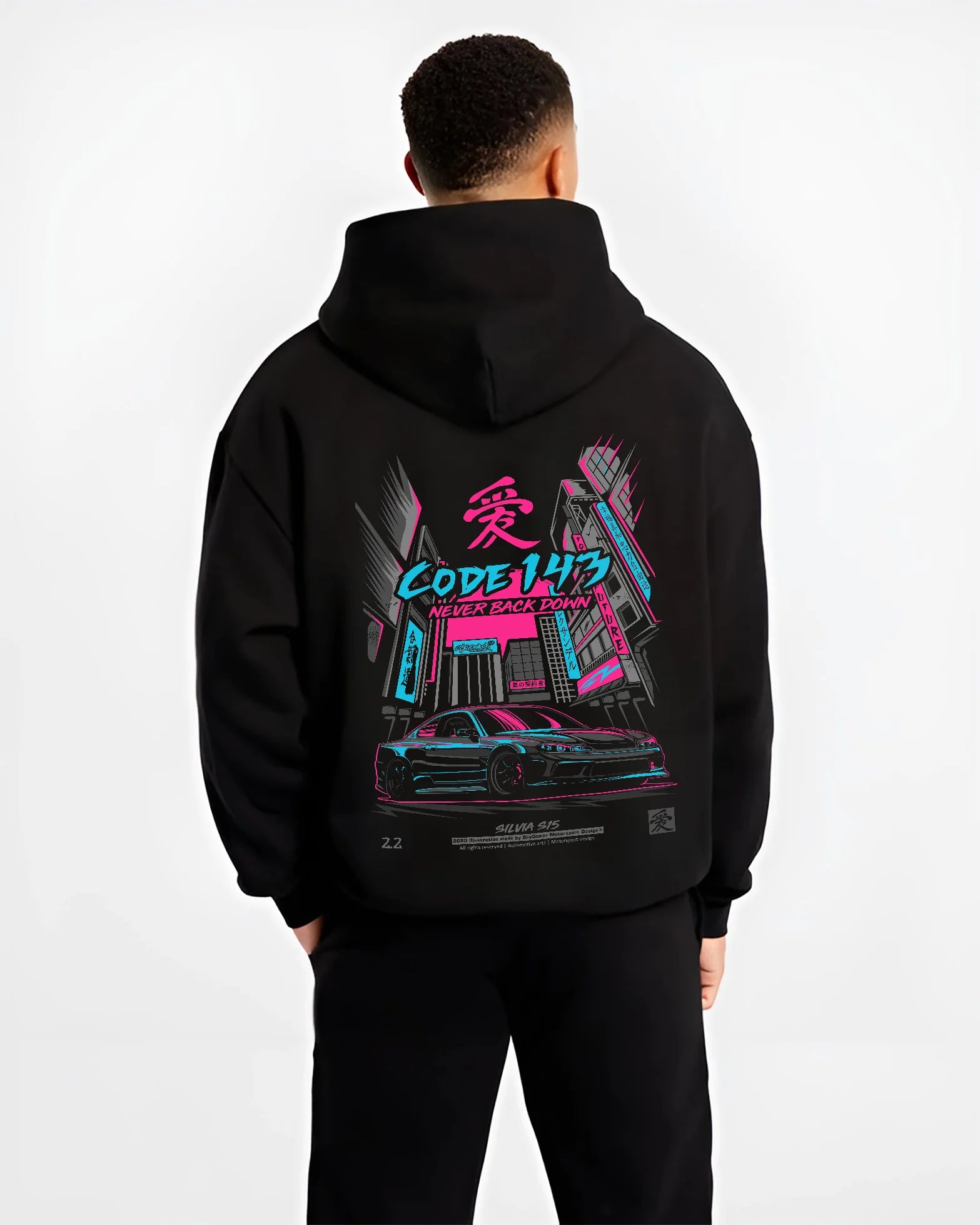 Black hoodie worn by a male model, back view, featuring SILVIA racing drift jdm japanese street performance motorsport graphic.