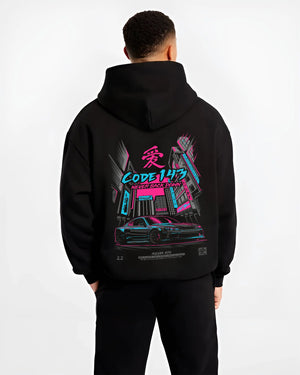 Black hoodie worn by a male model, back view, featuring SILVIA racing drift jdm japanese street performance motorsport graphic.