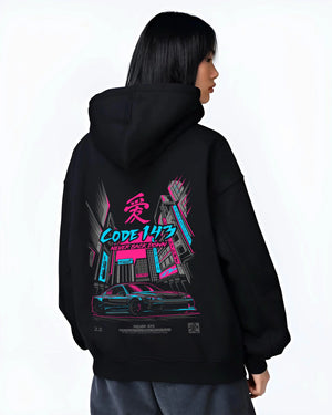 Black hoodie worn by a female model, back view, featuring SILVIA racing drift jdm japanese street performance motorsport graphic.