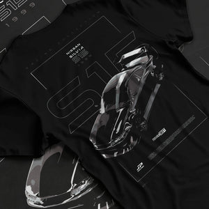 Black T-shirt laid flat with natural fabric folds, featuring Nissan Silvia S15 silvia turbo turbocharged racing drift jdm s15drf.