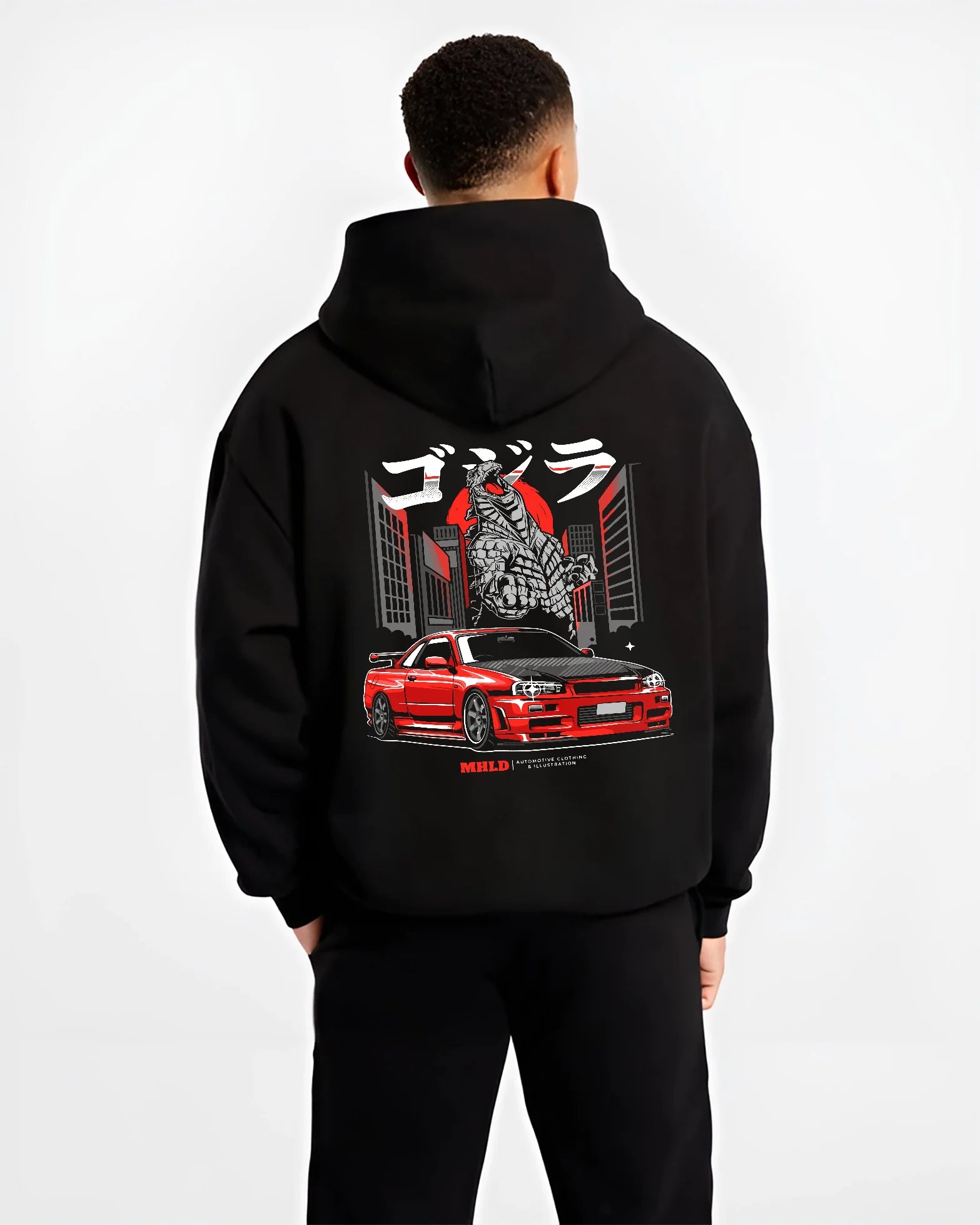 Black hoodie worn by a male model, back view, featuring Nissan Silvia S15 silvia turbo turbocharged racing drift jdm s15jdm.